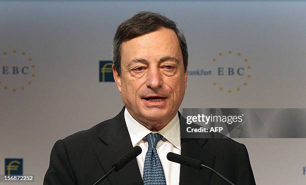 Mario Draghi, President of the European Central Bank ECB, delivers a speech at the European Banking Congress EBC in Frankfurt, central Germany, on...