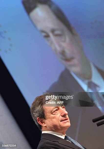 Mario Draghi, President of the European Central Bank ECB, delivers a speech at the European Banking Congress EBC in Frankfurt, central Germany, on...