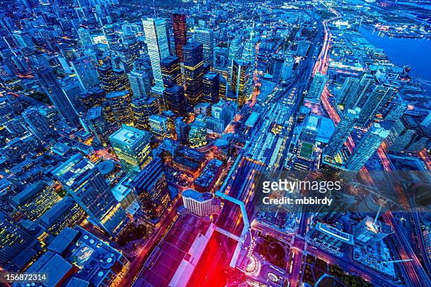 toronto financial district cityscape at dusk - toronto stock pictures, royalty-free photos & images
