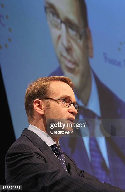 Jens Weidmann, President of the German Federal Bank , addresses the audience during the European Banking Congress EBC in Frankfurt, central Germany,...