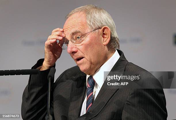 German Finance Minister Wolfgang Schaeuble addresses the audience during the European Banking Congress EBC in Frankfurt, western Germany, on November...