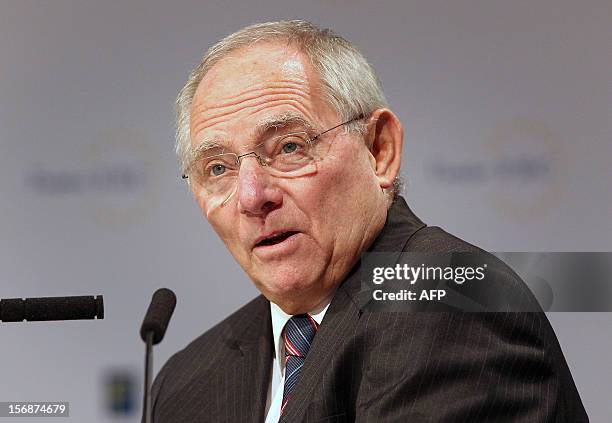 German Finance Minister Wolfgang Schaeuble addresses the audience during the European Banking Congress EBC in Frankfurt, western Germany, on November...