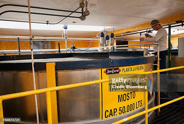 Worker inspects the sugar quantity of the mash in a tequila tank at the Tequila Cuervo La Rojena S.A. De C.V., maker of Jose Cuervo, distillery plant...