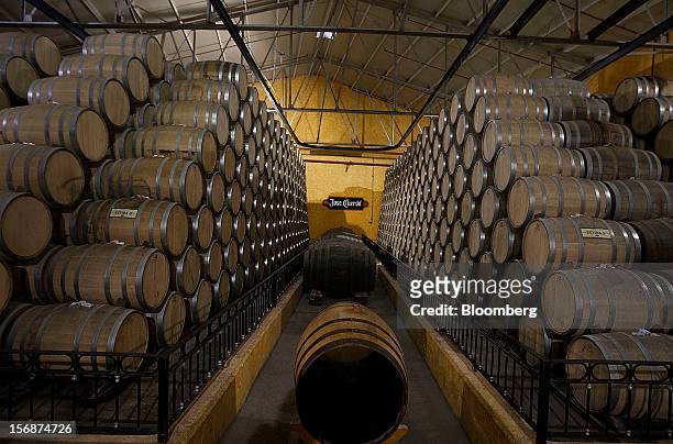 Barrels of Jose Cuervo tequila sit stacked in the cellar of the Tequila Cuervo La Rojena S.A. De C.V. Distillery plant in Guadalajara, Mexico, on...