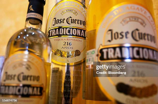 Bottles of Jose Cuervo Tradicional are arranged for a photograph at the Tequila Cuervo La Rojena S.A. De C.V. Distillery plant in Guadalajara,...