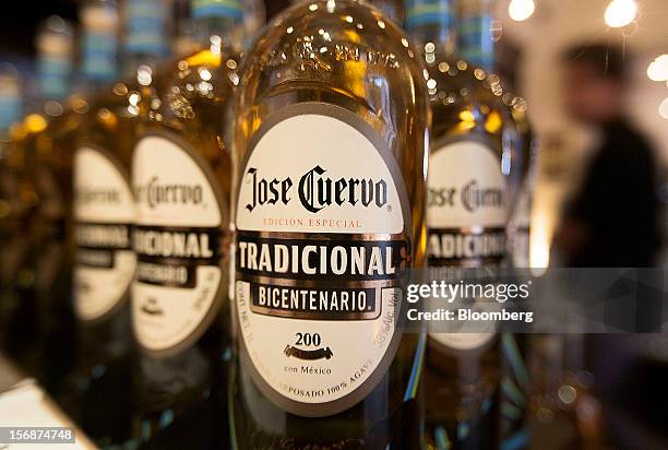 Bottles of Jose Cuervo Tradicional are arranged for a photograph at the Tequila Cuervo La Rojena S.A. De C.V. Distillery plant in Guadalajara,...