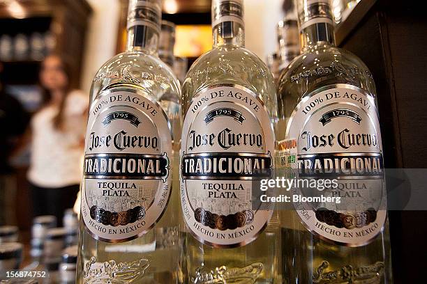 Bottles of Jose Cuervo Tradicional are arranged for a photograph at the Tequila Cuervo La Rojena S.A. De C.V. Distillery plant in Guadalajara,...