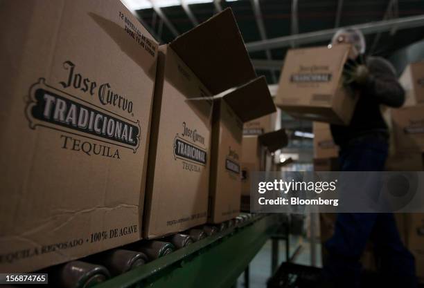 Bottle of Jose Cuervo Tradicional are boxed for shipment at the Tequila Cuervo La Rojena S.A. De C.V. Bottling factory in Guadalajara, Mexico, on...