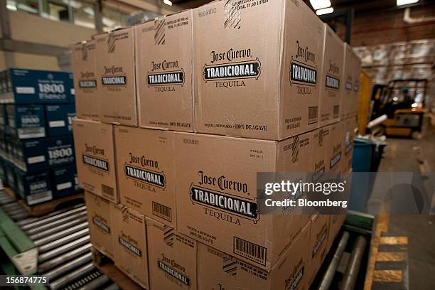 Boxes of Jose Cuervo Tradicional sit stacked before shipment at the Tequila Cuervo La Rojena S.A. De C.V. Bottling factory in Guadalajara, Mexico, on...