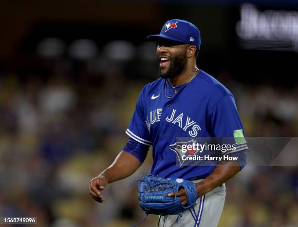 Jay Jackson of the Toronto Blue Jays reacts after a strikeout of Will Smith of the Los Angeles Dodgers to end the ninth inning at Dodger Stadium on...