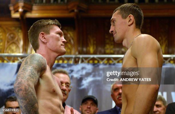 British boxer Ricky Hatton and Vyacheslav Senchenko of Ukraine come face-to-face during their weigh-in at the Town Hall in Manchester, north-west...