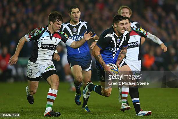 Matt Banahan of Bath tracked by Sam Smith of Harlequins during the Aviva Premiership match between Bath and Harlequins at the Recreation Ground on...