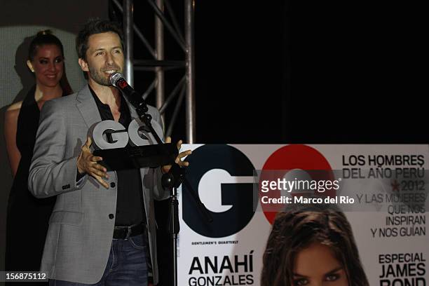 Actor Marco Zunino recieves an award during the awards ceremony GQ Men of the Year 2012 at La Huaca Pucllana on November 23, 2012 in Lima, Peru.