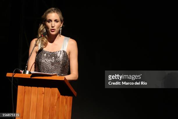 Actress Mercedes Cardoso speaks during the awards ceremony GQ Men of the Year 2012 at La Huaca Pucllana on November 23, 2012 in Lima, Peru.
