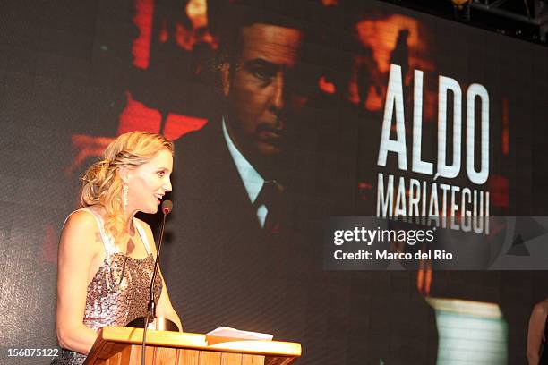 Actress Mercedes Cardoso speaks during the awards ceremony GQ Men of the Year 2012 at La Huaca Pucllana on November 23, 2012 in Lima, Peru.
