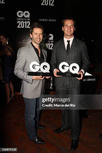 Actor Marco Zunino and Pilot Nicolas Fuchs pose during the awards ceremony GQ Men of the Year 2012 at La Huaca Pucllana on November 23, 2012 in Lima,...