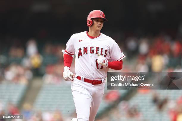 Shohei Ohtani of the Los Angeles Angels rounds the bases after hitting a solo home run against the Pittsburgh Pirates during the first inning at...