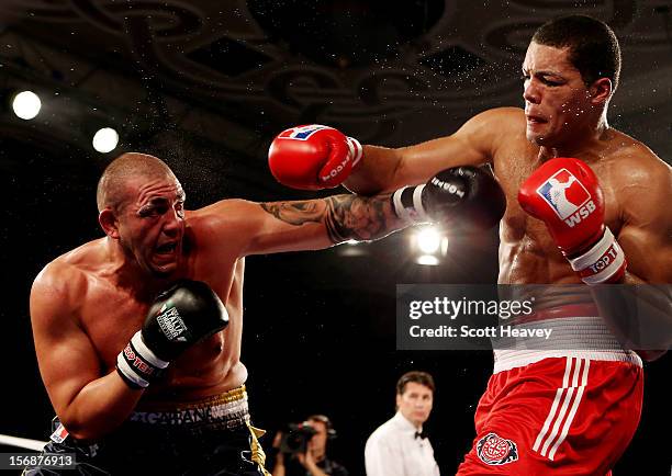 Joe Joyce of British Lionhearts in action with Matteo Modugno of Italia Thunder during their Super Heavyweight bout in the World Series of Boxing...