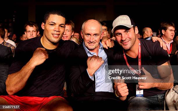 Joe Joyce of British Lionhearts with Barry McGuigan and Joe Calzaghe during the World Series of Boxing between British Lionhearts and Italia Thunder...