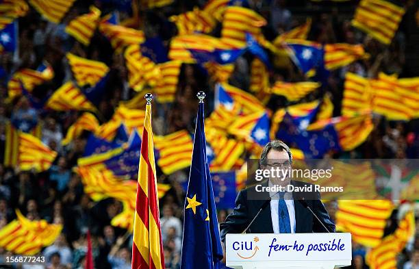 President of Catalonia and President of the Pro-independent political party Convergence and Union Artur Mas speaks during the closing rally ahead of...