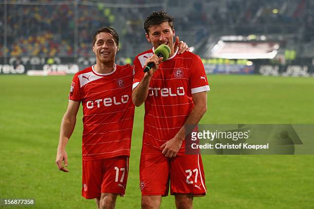 Andreas Lambertz and Stefan Reisinger celebrate after the Bundesliga match between Fortuna Duesseldorf and Hamburger SV at Esprit-Arena on November...