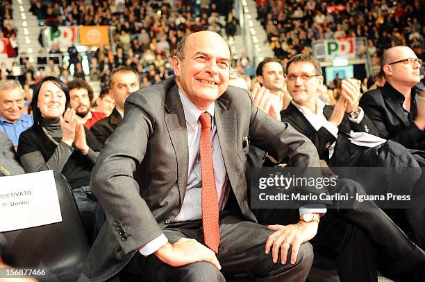 Pierluigi Bersani speaks at PalaDozza in Bologna prior to PD Primaries Elections on November 23, 2012 in Bologna, Italy.