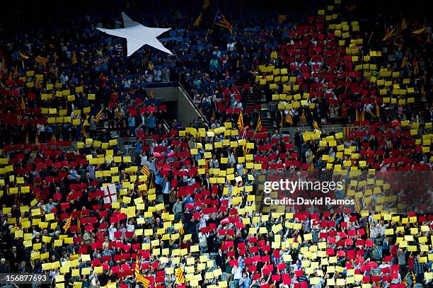 Supporters of the Pro-independence Catalan party Convergence and Union display a 'Estelada', the Pro-Independence Catalonia's flag, during the...
