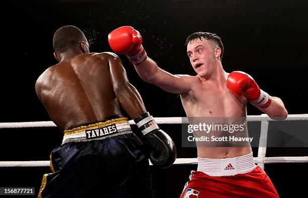 Fred Evans of British Lionhearts in action with Michel Tavares of Italia Thunder during their 68-73kg bout in the World Series of Boxing between...