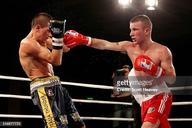 John Joe Nevin of British Lionhearts in action with Branimir Stankowic of Italia Thunder during their 57-61kg bout in the World Series of Boxing...