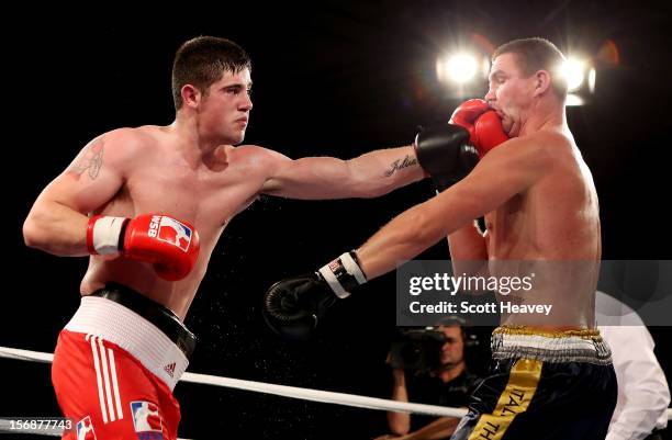 Joe Ward of British Lionhearts in action with Imre Szello of Italia Thunder during their 80-85kg bout in the World Series of Boxing between British...