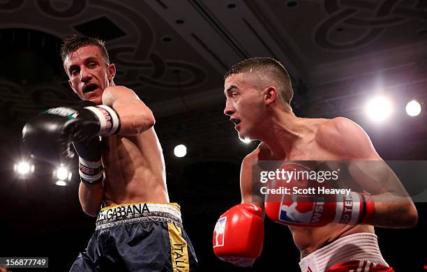 Andrew Selby of British Lionhearts in action with Daniele Limone of Italia Thunder during their 50-54kg bout in the World Series of Boxing between...