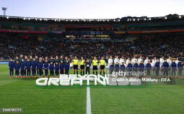 Players and match officials line up prior to the FIFA Women's World Cup Australia & New Zealand 2023 Group A match between New Zealand and...