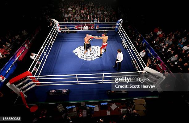 Joe Joyce of British Lionhearts in action with Matteo Modugno of Italia Thunder during their Super Heavyweight bout in the World Series of Boxing...