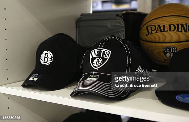 Items in the Brooklyn Nets team store bear the teams logo prior to the game against the Los Angeles Clippers at the Barclays Center on November 23,...