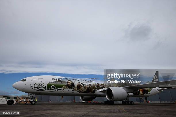 Air New Zealand unveils a 777-300 aircraft with imagery from The Hobbit ahead of the "The Hobbit: An Unexpected Journey" world premiere at Auckland...