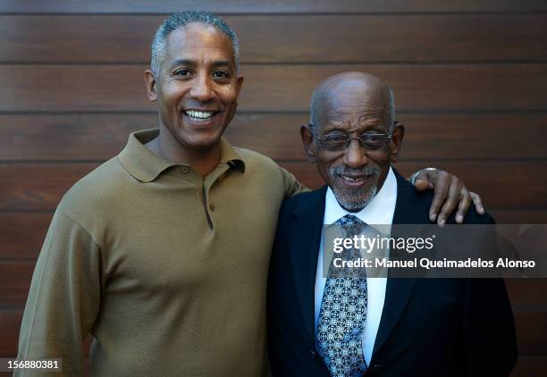 Renaldo Nehemiah and Harrison Dillard of the United States pose during the preview day of the IAAF athlete of the year award at the IAAF Centenary...