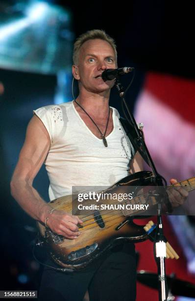 Sting, lead singer of the British rock band The Police performs at the Twickenham stadium, west of London as part of their world re-union tour 08...