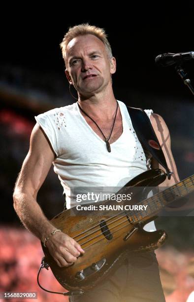 Sting, lead singer of the British rock band The Police performs at the Twickenham stadium, west of London as part of their world re-union tour 08...