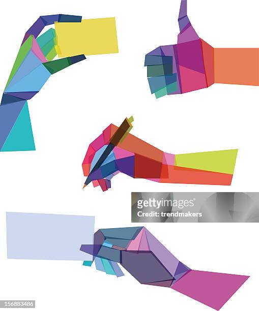 various sample of colorful polygonal hands - holding pen in hand stock illustrations