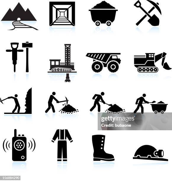 mining worker und bohrgeräuschen &, schwarz-weiß-vektor icon-set - bergwerk stock-grafiken, -clipart, -cartoons und -symbole