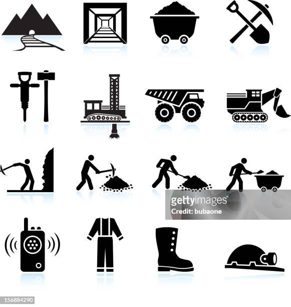 mining workers and drilling black & white vector icon set - mining stock illustrations
