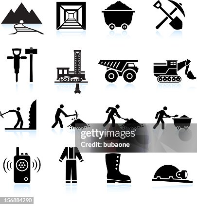 Mining Workers and Drilling black & white vector icon set Mining Workers and Drilling black & white vector icon set