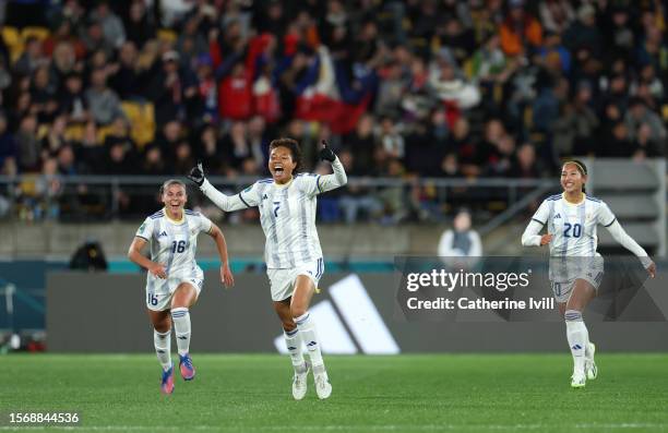 Sarina Bolden of Philippines celebrates after scoring her team's first goal during the FIFA Women's World Cup Australia & New Zealand 2023 Group A...