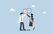 Exchange work shifts, allowing employees more flexible at work, swapping scheduled work hours to accommodate personal preferences concept, Colleagues agree to exchange clocks.
