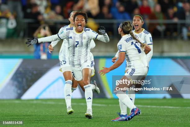 Sarina Bolden of Philippines celebrates with teammates after scoring her team's first goal during the FIFA Women's World Cup Australia & New Zealand...