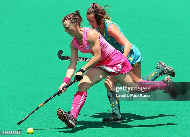 Claire Messent of the Hockeyroos controls the ball against Amelia Spence of the Jillaroos in the womens Australia Hockeyroos v Australia u21...