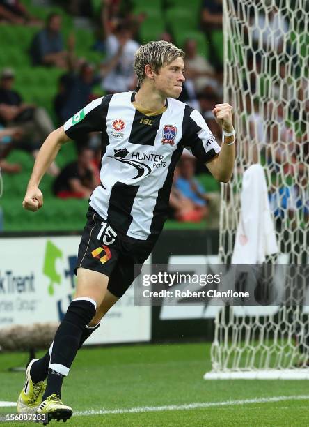 Craig Goodwin of the Jets celebrates his goal during the round eight A-League match between the Melbourne Heart and the Newcastle Jets at AAMI Park...