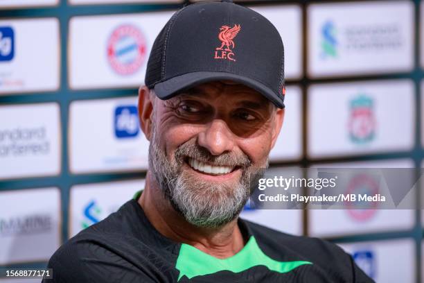 Manager Jurgen Klopp of Liverpool FC addresses the media during the Pre-match Conference at the National Stadium on August 1, 2023 in Singapore.