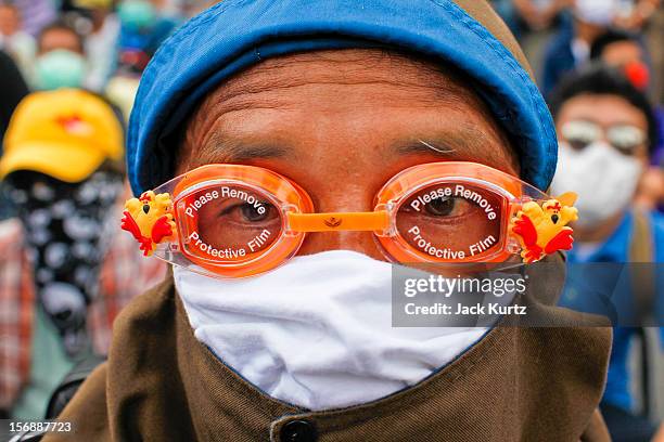 An anti-government protester with swim goggles and cotton bandana to protect him from tear gas during a large anti government protest on November 24,...