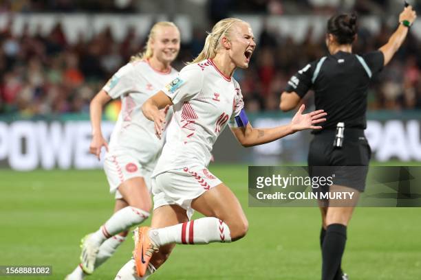 Denmark's forward Pernille Harder celebrates scoring her team's first goal during the Australia and New Zealand 2023 Women's World Cup Group D...